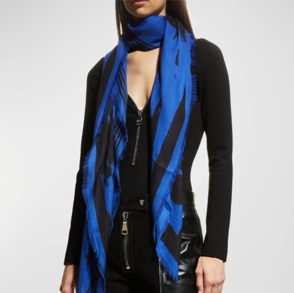 Alexander Mcqueen Large Allover Graffiti Scarf Royal Blue Black